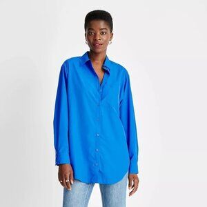 Future Collective Nylon Long Sleeve Button Down Shirt Size M Blue